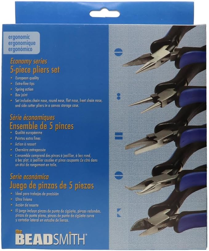 The Beadsmith Ergonomic Plier Set – 5-Piece Kit: Chain Nose, Round Nose, Flat Nose, Bent Chain Nose & Semi-Flush Side Cutter – Extra-Fine Tips, Comfortable Ergonomic Grip & Double-Leaf Springs