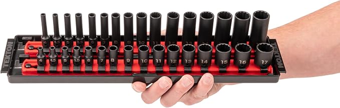 TEKTON 1/4 Inch Drive Impact Socket Set, 32-Piece | SID90204 | (4 - 17 mm), Shallow and Deep, 12-Point, Socket Rail