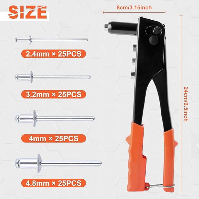 4-in-1 Heavy Duty Hand Riveter Rivet Gun Pop Rivet Tool Kit with 100 Rivets 3/32-inch, 1/8-inch, 5/32-inch, 3/16-inch,4 Interchangeable Nosepieces for Metal,Plastic,Wood and Leather