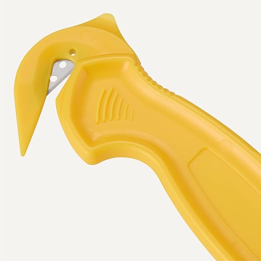 Amazon Basics Film Safety Cutter, Concealed Stainless Steel Blade with Tape Splitter for Boxes, Packages, Shrink Wrap, Compact Size, Yellow, 1-Pack