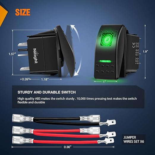 Nilight 3 Pack Rocker Switch with Night Glow DIY Stickers On Off 5 PIN SPST LED Light Switches with Green Backlit 12V/24V Toggle for Cars Trucks RVs Boats Auto Motorcycles
