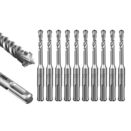 SALI SDS Plus Rotary Hammer Drill Bit 10 Pcs 1/4"*4" Concrete Drill Bit Kit Cross-Type Double Thread Carbide Material Suitable for Brick, Cement Walls, Stone, Hammer Drill Bits