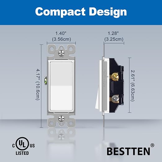 BESTTEN 100 Pack Single-Pole Decorator Light Switch, Paddle Wall Switch, 15A 120/277V, On/Off Rocker Interrupter, UL Listed, White