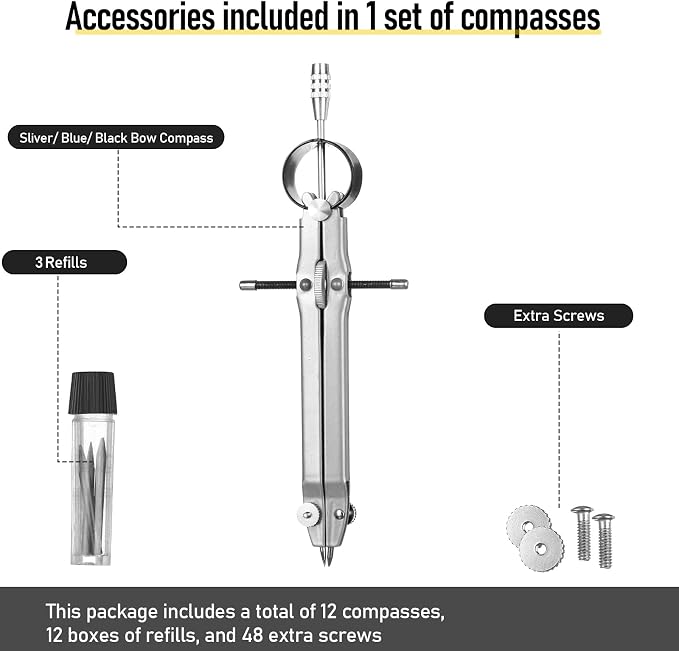Zonon 12 Pcs Compass for Geometry Drawing Metal Compass with Extra Refills and Screws Circle Maker Back to School Circle Drawing Tool for Math Drafting Measuring Woodworking Office, 3 Colors