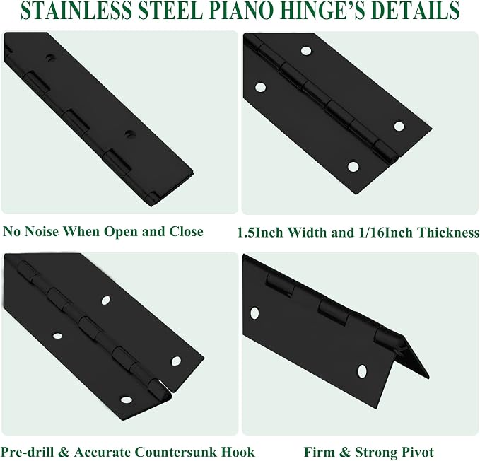 2Pack Heavy Duty Piano Hinge, 2" Open Width x 18" Continuous & Piano Hinges, 0.06” Thick Stainless Steel Piano Hinge with Holes, Black Stainless Furniture Hinges for Cabinet Door Cases Woodworking