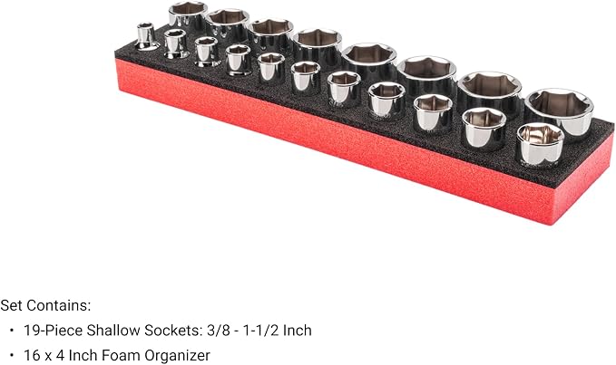 TEKTON 1/2 Inch Drive 6-Point Socket Set, 19-Piece | SHD92800 | Shallow, 3/8 - 1-1/2 in., Foam Organizer