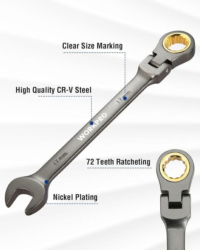 WORKPRO 17 mm Flex-Head Ratcheting Combination Wrench, Nickel Plating | Cr-V Constructed, 72-Teeth, 12 Point Design, Metric, For Home Improvement, Auto Repairs, Plumbing, Constructions, Machinery