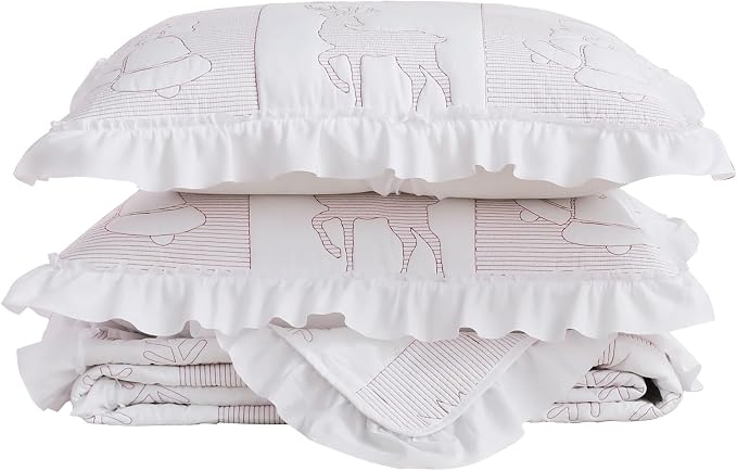 Cmfshape Christmas Embroidery Quilt Set,3 Pieces Queen Size Xmas Tree Reindeer Pattern Bedding Set,Reversible Christmas Bedspread Coverlet,Holiday Bedding(White,92"x96")