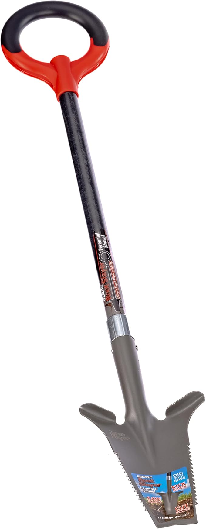 Root Slayer 23311 Perennial Garden Shovel with Serrated Blade for Digging and Root Cutting, Fiberglass Shaft, Heavy Duty Steel Spade, Red