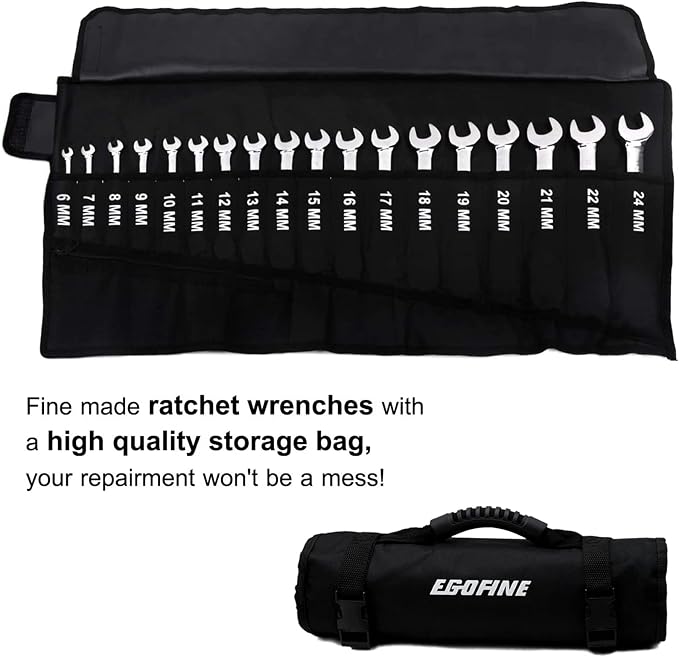 Egofine Ratcheting Wrench Set, 6 mm - 24 mm Metric Wrench Set 18pc, 72 Teeth Combination Wrenches Set, Chrome Vanadium Steel with a Roll Up Storage Bag