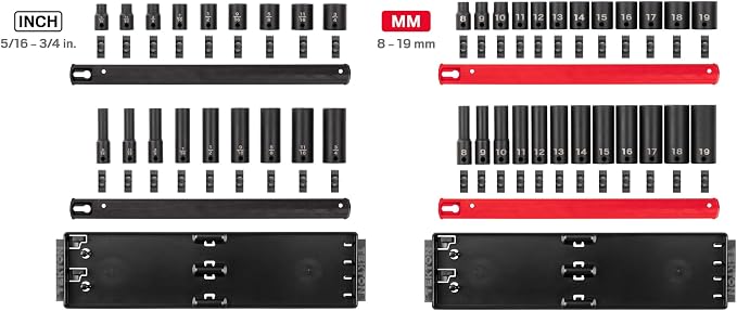 TEKTON 3/8 Inch Impact Socket Set, 42-Piece | SID91216 | (5/16 - 3/4 in., 8 - 19 mm), Shallow and Deep, 6-Point, Socket Rail