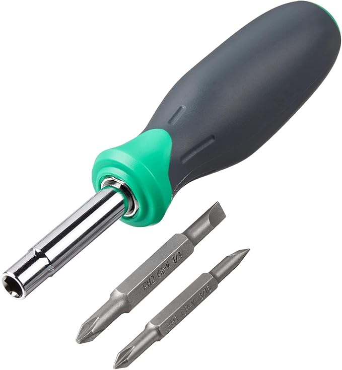 Amazon Basics 6-in-1 Multi-Bit Screwdriver and Nut Driver Tool with Cushion Grip Handle, Slotted and Phillips Bits, Multicolor