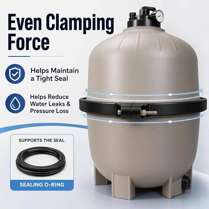 12-19/32" Pool Filter Tension Control Clamp Assembly, Heavy-Duty Spring Clamp Kit, Stainless Steel, Leak-Proof Seal, Quick Install for DE Pool Filters