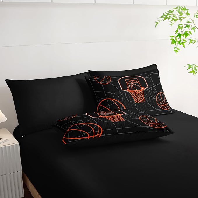 Basketball Court Print King Comforter Set for Boys,7Pcs Ball Sports Games Themed Bedding Set for Teens Kids Bedroom Decor,Soft Lightweight Comforter,Fitted Sheet,Flat Sheet,Pillowcases.