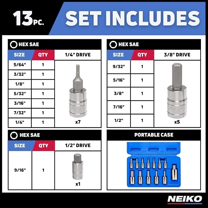 Neiko 10075A SAE Hex Bit Socket Set | 13-Piece Set | S2 Steel