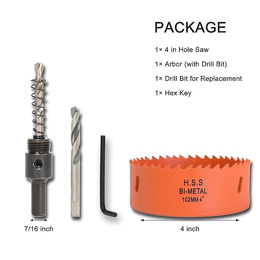 4 inch Hole Saw with Arbor for Metal Wood Plastic, 102mm Bi-Metal Hole Cutter for Different Project with Smooth and Flat Drilling Edge, Fast Chip Removal