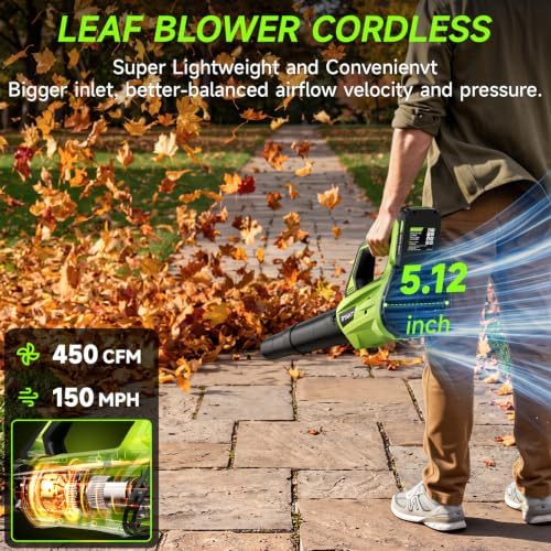 Leaf Blower Cordless, Leaf Blower with Battery and Charger - 2 Speed Modes, 2 Batteries, 20V Powerful Lightweight Electric Blowers for Blowing Leaves, Dust, Lawn Care, Patio Cleaning, Green