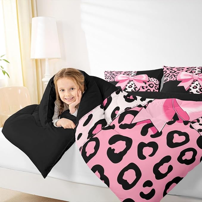 Feelyou Leopard Print Comforter Set All Season Cute Cheetah Bow Bedding Set with 2 Pillow Cases Animal Fur Microfiber Kids Full Bedclothes Bedroom Decor Duvet Quilt Breathable Soft Lightweight