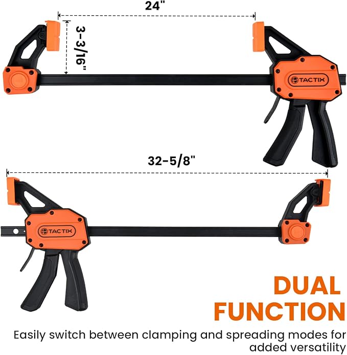 TACTIX 24" Bar Clamps for Woodworking, 2-Pack 300lbs One-Handed Spreader/Clamp, Quick-Clamp Wood Clamps Set for Hand Wood Working, Carpentry, and DIY Projects