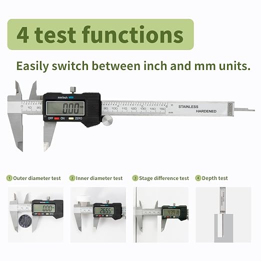 Digital Caliper 0-6" Measuring Tool with Metal Ruler, Micrometer Caliper with Auto-Off Feature, Interchangeable Between inches and millimeters for DIY/Household and 3D Printing, Black