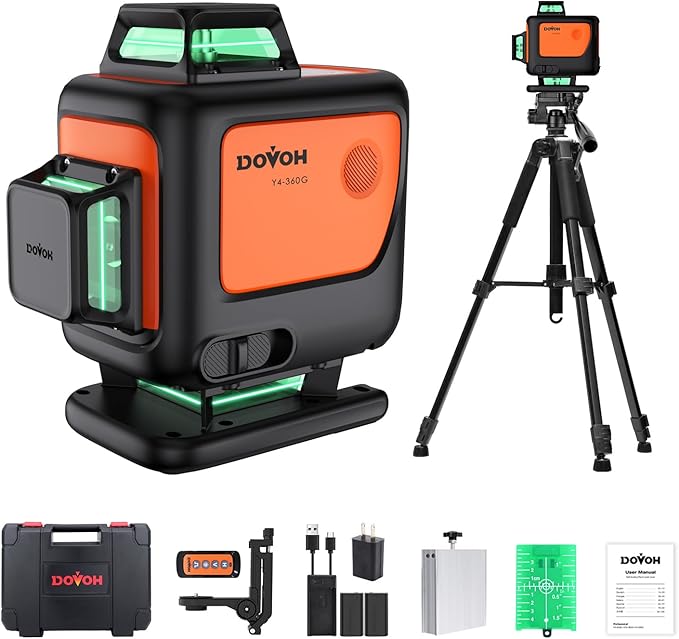 DOVOH 4D Laser Level with Tripod : Dual Batteries Laser Level 360 Self Leveling Green Hard Toolbox for Construction Floor Tiling Ceiling, Class Ⅱ, Y4-360G-KIT