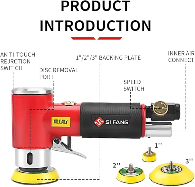 SI FANG 48Pcs 1'' 2'' 3'' Mini Air Sander Kit, High Speed Random Orbital DA Sander Polisher for Auto Body Work, Includes 1/2/3in Polishing Sponge & Wool Pads Sandpapers (Red Pneumatic Sander)