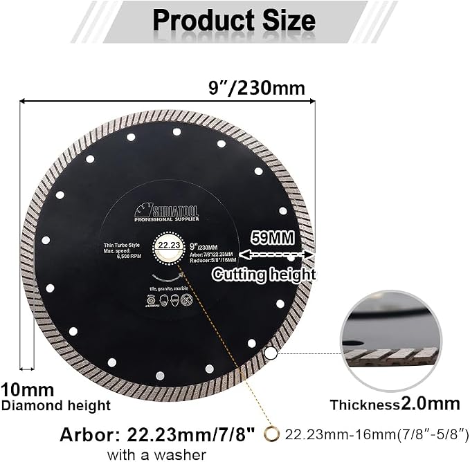 SHDIATOOL Diamond Turbo Blade 9 - Inch Super Thin Cutting Disc for Porcelain Ceramic Tile Granite Dia 230mm
