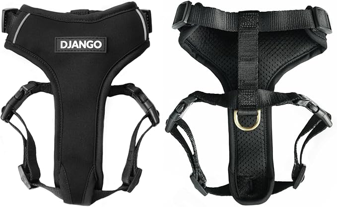 Adventure Dog Harness - Stylish and Comfortable Small Dog Harness for Outdoor Adventures and Everyday Wear - Black Neoprene Adjustable Harness for Dogs with Reflective Piping and Brass D-Ring