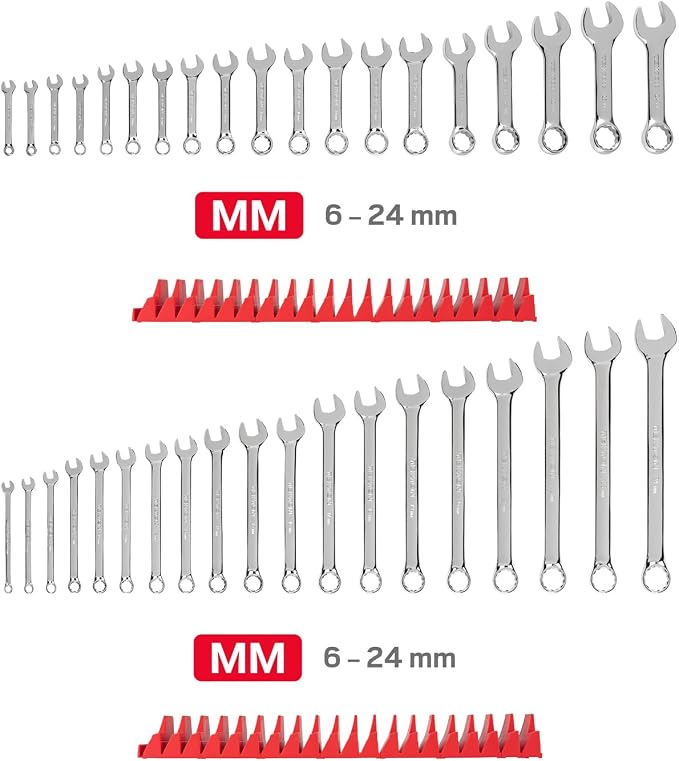 TEKTON Stubby and Standard Combination Wrench Set, 38-Piece | WCB95904 | (6 - 24 mm), Modular Organizers, Chrome Finish
