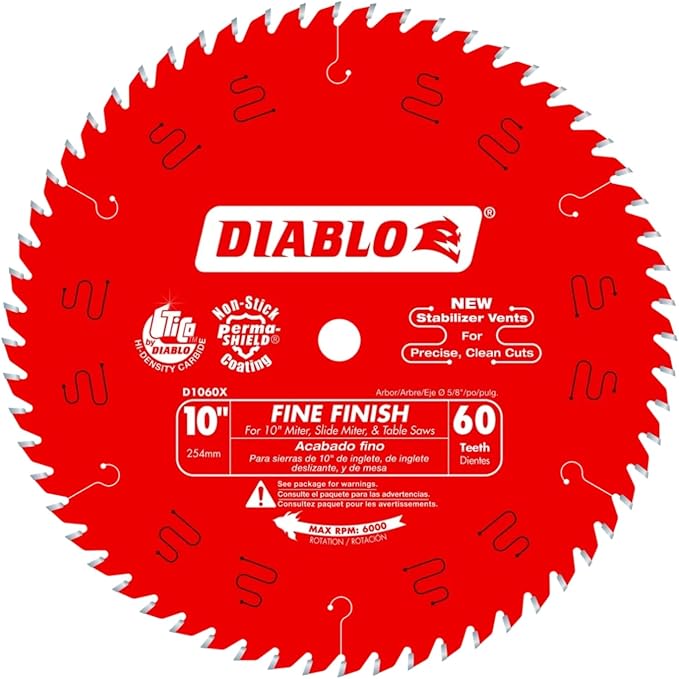 Diablo Fine Finish Saw Blade for Wood - Ultra-Smooth Cuts, 60 Hi-ATB Teeth, 10" Diameter, .098" Kerf, 5/8" Arbor - D1060X