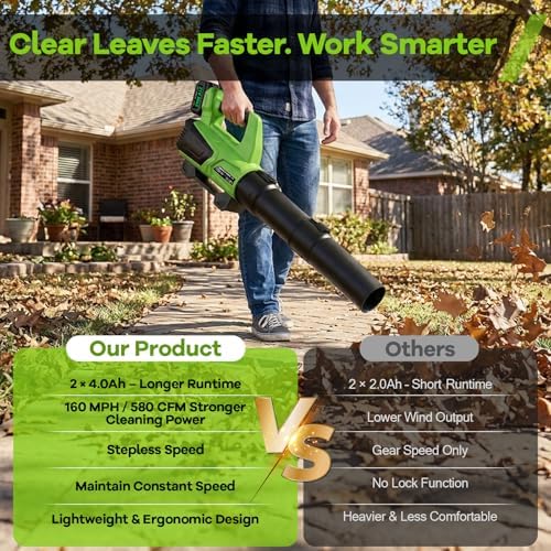 SOARFLY Leaf Blower Cordless, 580 CFM Airflow Electric Leaf Blowers with 2×4.0Ah Batteries and Charger, Stepless Speed Control, Powerful Snow Blowers for Lawn Care, Patio, Dust, Blowing Leaves
