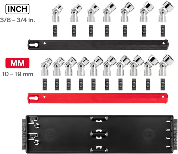 TEKTON 3/8 Inch Drive Universal Joint Socket Set, 17-Piece | SHD91217 | (3/8 - 3/4 in., 10 - 19 mm), Shallow, 6-Point, Socket Rail