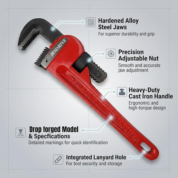 Heavy Duty Pipe Wrench, 18 Inch Adjustable Straight Plumbing Wrench, Hardened Steel Jaws with Professional Cast Iron Handle for Industrial, Construction, and Home Maintenance E-2049