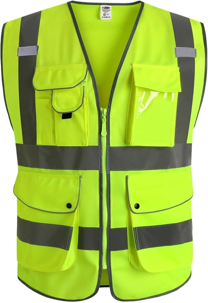 JKSafety 20 Pack 9 Pockets Class 2 High Visibility Zipper Front Safety Vest With Reflective Strips,Meets ANSI/ISEA Standard (2X-Large 156-Yellow)