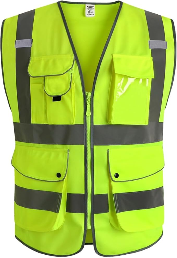 JKSafety 20 Pack 9 Pockets Class 2 High Visibility Zipper Front Safety Vest With Reflective Strips,Meets ANSI/ISEA Standard (X-Large, 156-Yellow)