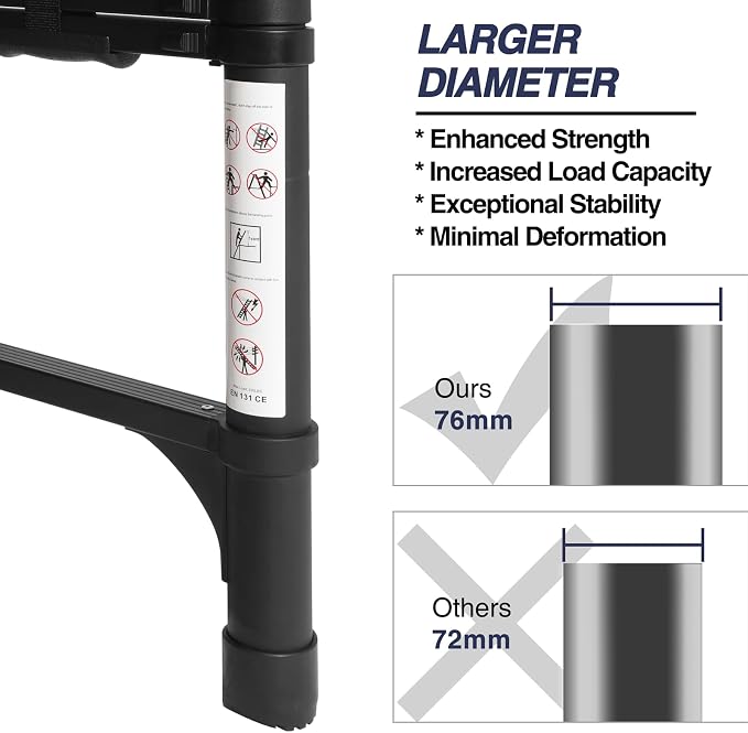 BOCOM 12.5 FT Aluminum Telescoping Ladder with Hooks, Lightweight Multi-Purpose Collapsible Extension with 2 Triangle Stabilizers, Heavy Duty 330 lbs Max Capacity for Home, RV, and Outdoor Work Black