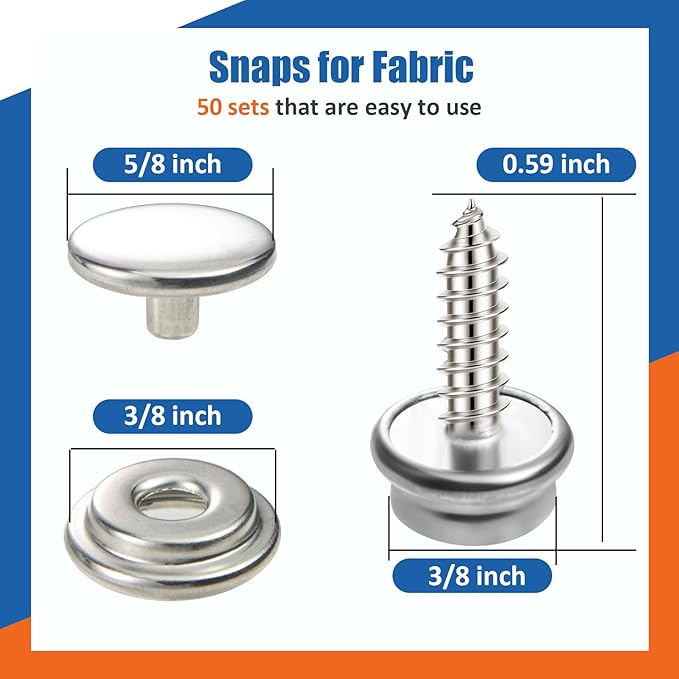 150 PCS Canvas Snap Fastener Tool Set, Vutim Marine-Grade 3/8" Stainless Steel Snaps, Metal Snap Fastener Kit, Leather Repair Kit for Boats, Canvas, Leather Goods, Tents, and Awnings