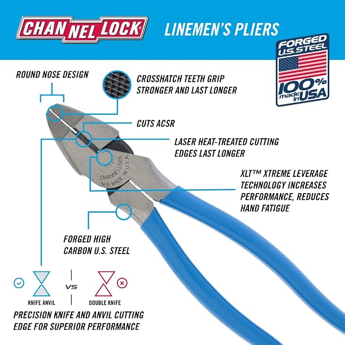 Channellock Linemen's Pliers 368 - High Leverage Side-Cutting - 8.5 In