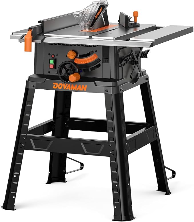 DOVAMAN 10-Inch 15A Table Saw, Tablesaw/W Stand, Max Cutting Height: 2.48" (45°) / 3.35" (90°), 5300 RPM Copper Motor, Extension on One Side, Multifunctional Table Saw for Various Wood Working