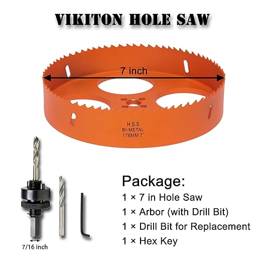7 Inch Hole Saw with Arbor for Metal Wood Plastic, 7 in Bi-Metal Hole Cutter for Different Project with Smooth and Flat Drilling Edge, Fast Chip Removal,Lighter and Portable