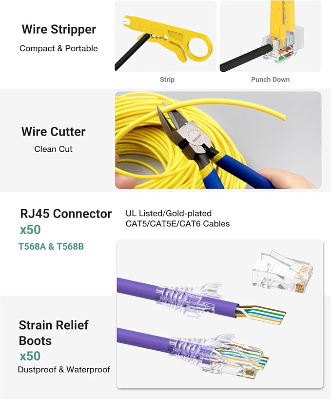 VCELINK RJ45 Crimp Tool Kit for CAT7/6A/6/5E/5, Upgraded Network Tool Set with an Ethernet Crimper, 50 RJ45 Connectors & Boots, Cable Tester, Wire Stripper and Cutter in a Cloth Bag, Green