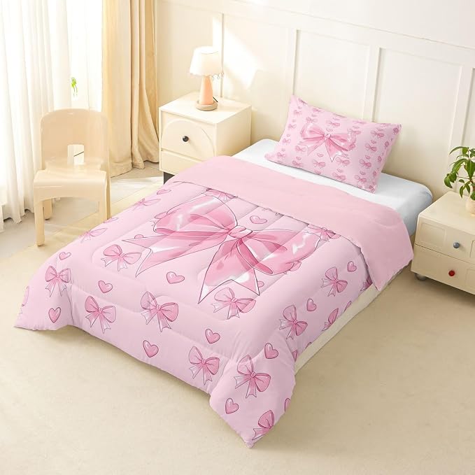 Feelyou Cute Pink Bowknot Comforter Set Twin Size Love Hearts Bow Bedding Set for Kids Boys Girls Princess Bow Duvet Quilt Bedroom Decor Microfiber 2 Pcs with 1 Pillow Cases