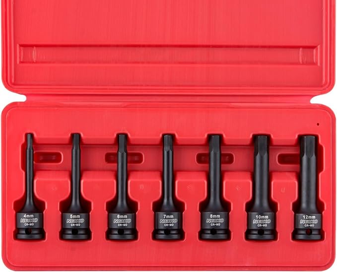 NEIKO 01130B 3/8" Drive Allen Socket Set, 7 Piece, 3 Inch, 3/8” Impact Hex Bit Socket Set, Metric Hex Driver 4 mm to 12 mm, Chrome-Moly Cr-Mo Impact Grade