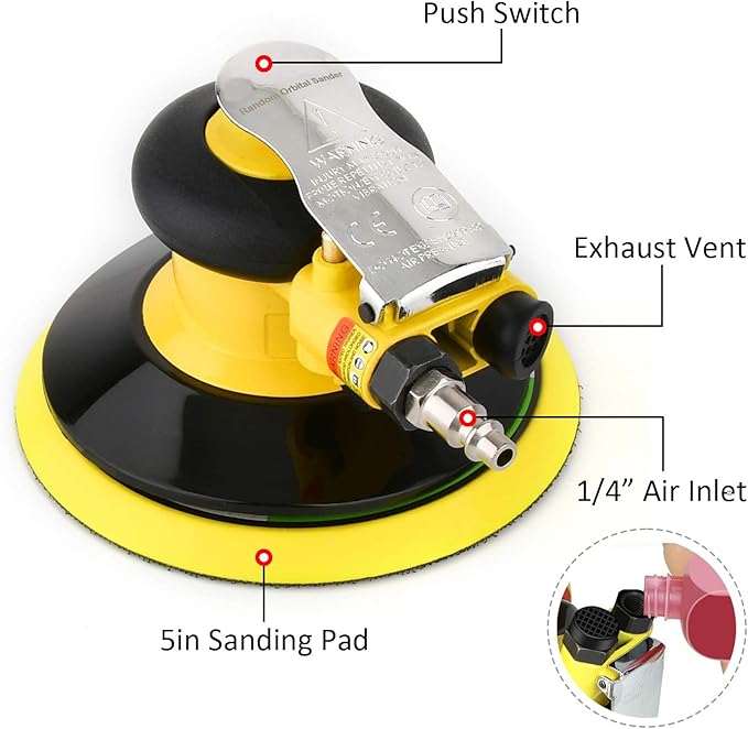 Professional Air Random Orbital Palm Sander, Dual Action Pneumatic Sander, Low Vibration, Heavy Duty … (5-inch Yellow)