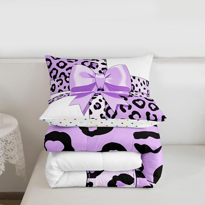 Feelyou Leopard Print Bedding Set Soft for Boys Girls, Purple Cheetah Bow Comforter Set King Size Animal Fur Duvet Quilt Microfiber Bedroom Decor 3 Pcs with 2 Pillow Cases