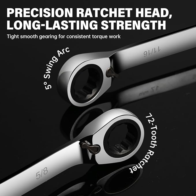 JUJIAN TEC 9-Piece SAE Ratcheting Combination Wrench Set | 72-Tooth Reversible Ratchet, Cr-V Steel, 1/4" – 3/4", Roll-Up Pouch