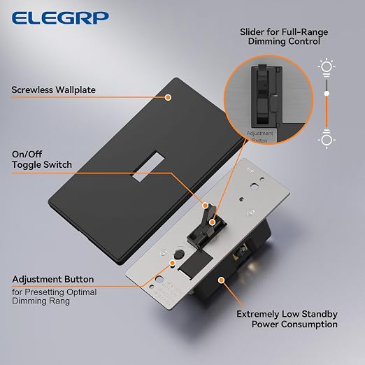 ELEGRP Digital Dimmer Switch for LED/CFL, Toggle Dimmer Switch with Decorative Frameless Design Wallplate, Single Pole/3-Way, UL Listed, 2 Pack, Black