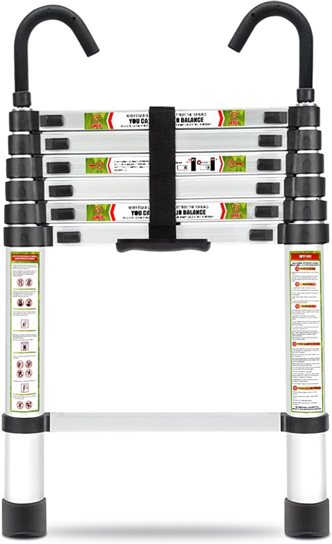 RIKADE Telescopic Ladder, 6.5 ft Aluminum Telescoping Ladder with Non-Slip Feet and Stable Hook, Portable Extension Ladder for Household and Outdoor Working, Max Load 330 lb, Aluminum