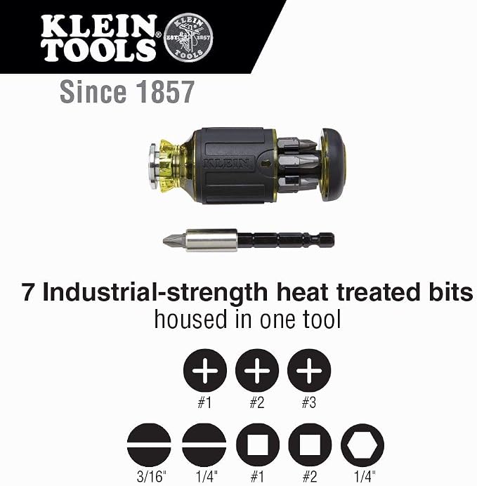 Klein Tools J215-8CR Multitool Pliers, Hybrid Multi Purpose Tool / Crimper, Wire Stripper, Bolt Shearing, Wire Grabbing, Twisting, Looping and Klein Tools 32308 Multi-bit Stubby Screwdriver, Impact Rated 8-in-1 Adjustable Magnetic Tool with Phillips, S...