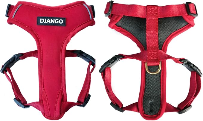 Adventure Dog Harness - Stylish and Durable Small Dog Harness for Outdoor Adventures and Everyday Wear - Red Neoprene Adjustable Harness for Dogs with Reflective Piping, Solid Brass D-Ring
